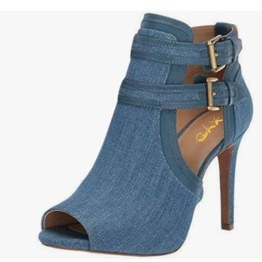 XYD Denim Peep Toe Ankle Bootie High Heels Buckled Double Straps Cutout Shoes